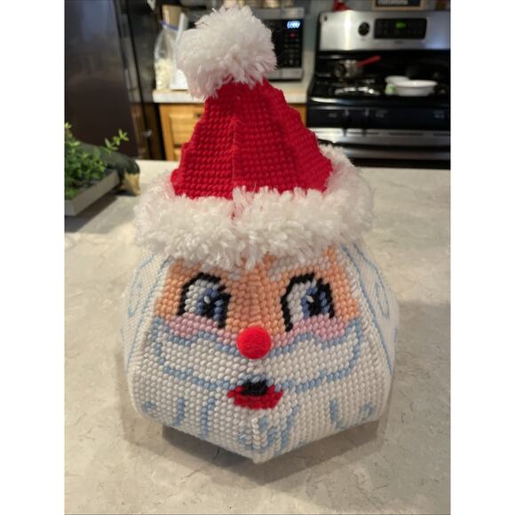 Vintage Needlepoint Santa, candy dish, decor, Distle Fink Designs completed. - Picture 3 of 13